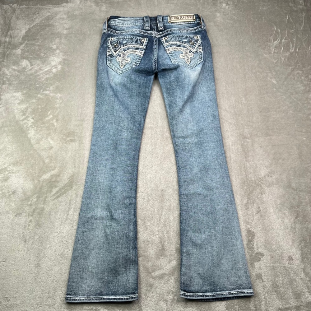 Rock Revival Kaitlyn Bootcut Jeans Womens 25 Blue Distressed Stretch Embellished